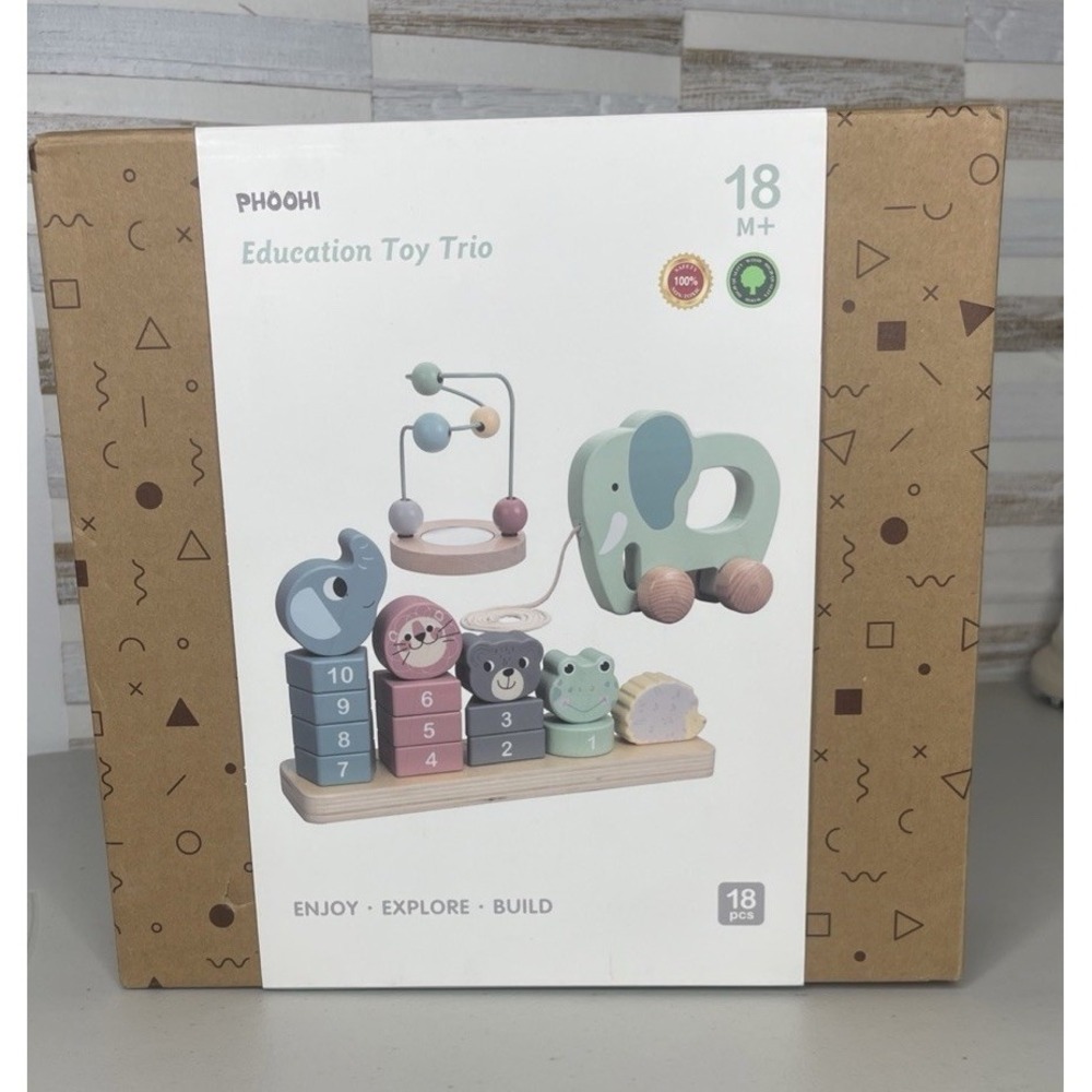 Phoohi Educational Toy Trio 3-in-1 Wooden Stacking & Bead Maze, Pull Along NIB